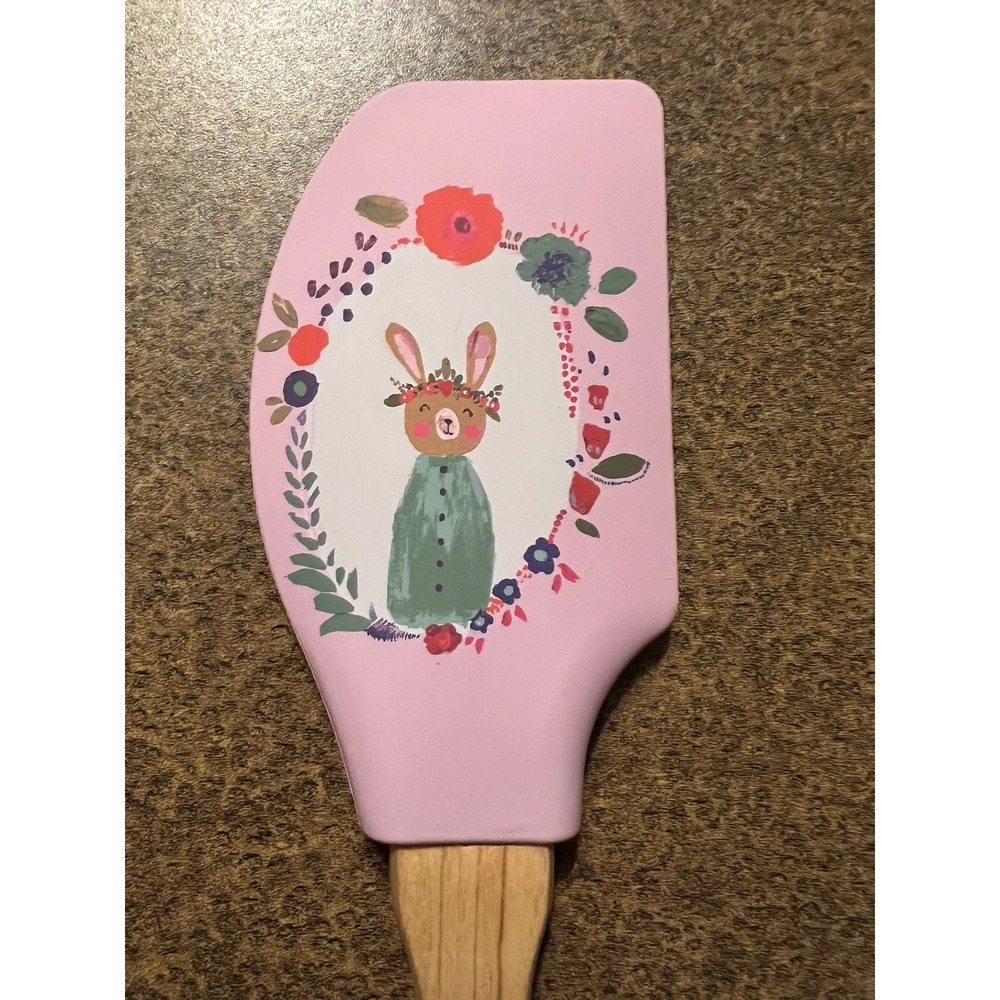 World Market Bunny Spatula Women OS Pink Brand New Floral Silicone Wood Baking